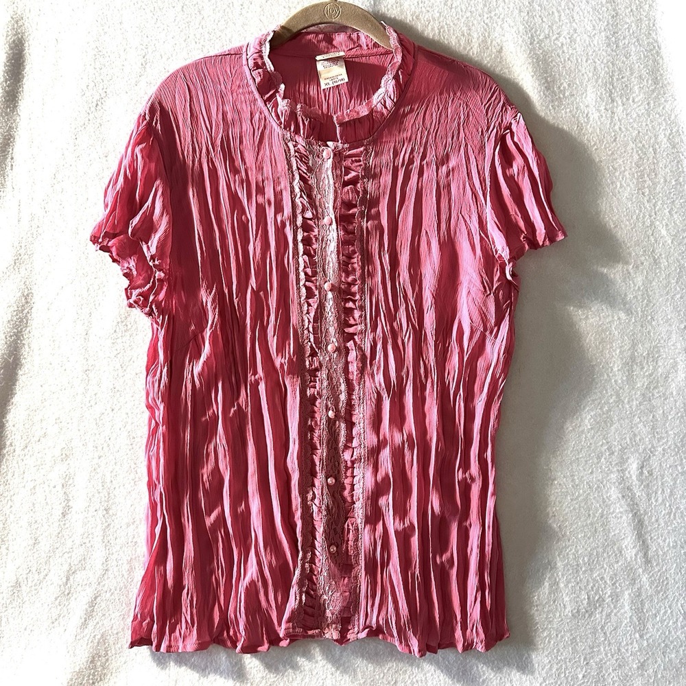 Vintage‎ Y2K Womens XL Pink Lace Chiffon Crinkle 90s Fairy Vamp Faded Glory